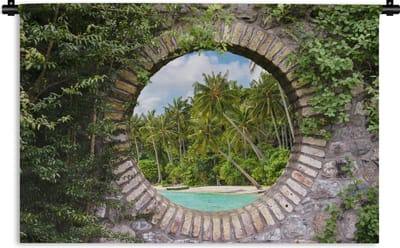 Wandkleed - Wanddoek - Doorkijk - Palm - Tropisch - Strand - zee - 180x120 cm - Wandtapijt