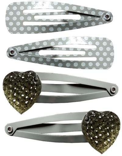 Haarsoires Haarspeld Klikklak 4cm – Hart Glitter Stippen – Grijs – Set van 4 - Haarclip Speldjes - Makkelijk in Gebruik - Haaraccessoires voor Volwassenen & Kinderen - Hair Clip - Decoratieve Haaraccessoire