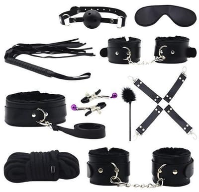 BDSM Set - 10 Delig - Gag Ball & Zweep - Seksspeeltjes - Handboeien - Zwart