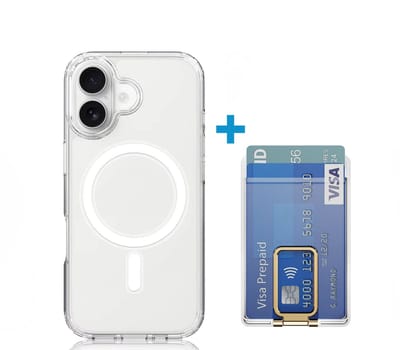 VOWLUX transparant hoesje en losse wallet pasjeshouder geschikt voor Iphone 16 Plus – magsafe compatible met 32 magneten – pasjeshouder voor 2 pasjes – Goud klep – telefoonstandaard hoes case