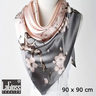 LaGloss® Vierkante Sjaal Roze Grijze Bloemenprint Zijdelook – 90x90 cm -Luxe Dames Sjaal & Mode Accessoire