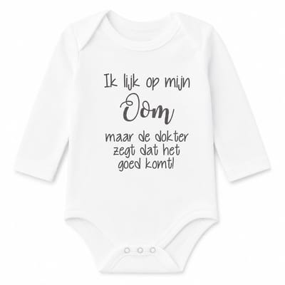 Baby Rompertje met grappige tekst | Ik lijk op mijn oom maar de dokter zegt dat het goed komt !  | lange mouw | wit met zwart | maat 50/56 | cadeautje zwangerschap aankondiging geboorte je wordt bent ( weer) oom geworden Kraamcadeau neefje nichtje
