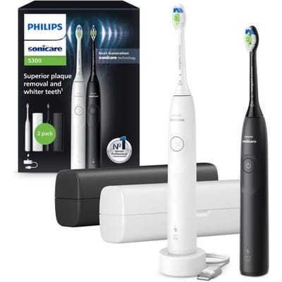 Philips Sonicare 5300 Series - Elektrische Tandenborstels - Wit & Zwart - Duopack- 2 reisetuis - Wittere tanden - HX7109/01