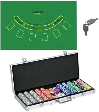 Luxe Pokerset met 500 Chips - 2 Kaartspellen - 5 Dobbelstenen - Aluminium Koffer met Dealerschijf en Speelmat - 56x23,5x 6,5 cm - Pokerchips Complete Set - Pokerspel - Kaartspellen - voor Texas Hold'em, Blackjack