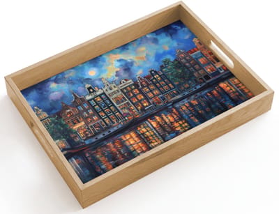 Dienblad hout 40x30 cm - Schootdienblad - Grachten Amsterdam - Huizen - Stad - Kleurrijk - Borrelplank rechthoek - Plateau dienbladen