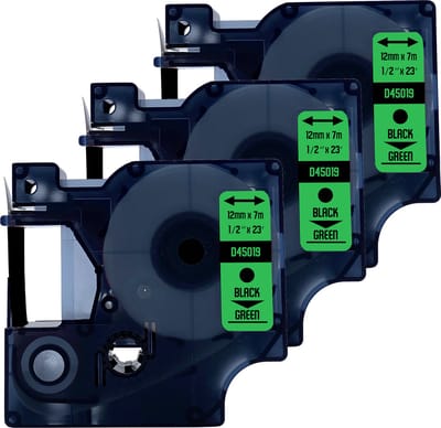 DULA Dymo D1 45019 - S0720590 - Compatible label tape - 3 lettertapes - Zwart op groen - 12mm x 7m