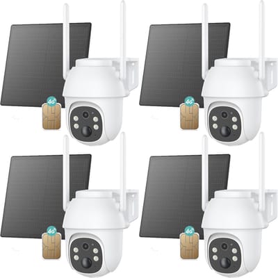 ieGeek Beveiligingscamera Draadloos Buiten - 2K Solar Wifi Camera - voor Huisbeveiligingssysteem - Batterijgevoede Bewakingscamera met Zonnepaneel - 360° PTZ - Kleuren Nachtzicht - Bewegingssensor - Werkt met Alexa - 4 Stuks