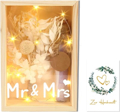 Houten Geldkist - Bruiloftscadeau Geld - Cadeau Overhandigen - Met Droogbloemen Decoratie - 20x13x6 cm - Natuurlijk Hout