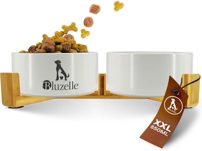 Hondenvoerbak XXL - Dubbele bak - Ergonomisch eten - Keramiek met hout - 850ml per bak - Grijs