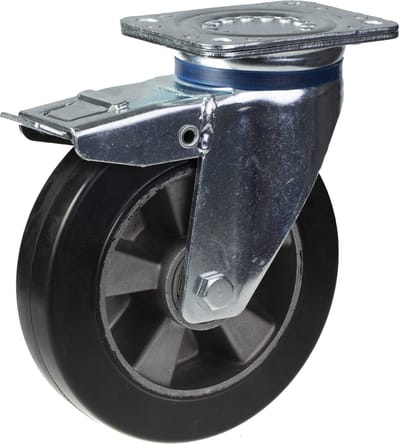 200 mm (8") zwenkwiel met zwart rubber en rem, draagvermogen 900 kg, set van 2