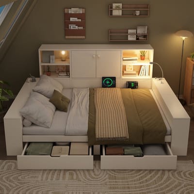 MIVRAY Opbergbed 140x200 cm - Tweepersoonsbed Met Laden, USB En Leeslamp - Zonder Matras - Hout - Wit