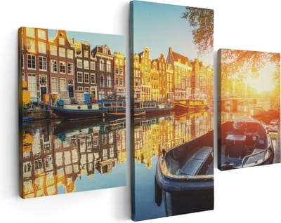 Artaza Canvas Schilderij Drieluik Amsterdamse Brug - Gracht - Met Bloemen - 90x60 cm - Wanddecoratie Woonkamer - Schilderijen - Muurdecoratie