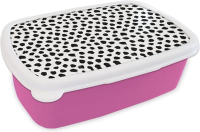 Broodtrommel Roze - Lunchbox - Brooddoos - Stippen - Zwart Wit - Patronen - 18x12x6 cm - Kinderen - Meisje