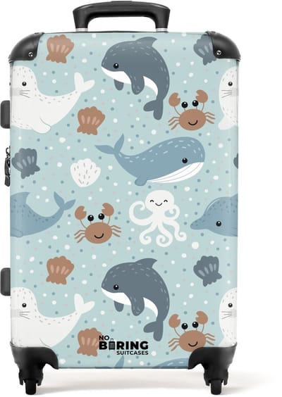 NoBoringSuitcases.com - Grote koffer - Zee dieren patroon kleurrijk - Kinderkoffer geschikt voor jongen en meisjes - Reiskoffer met 4 wielen - Trolley op wieltjes - Rolkoffer groot kinderen - 72 liter - Ruimbagage valies 20kg