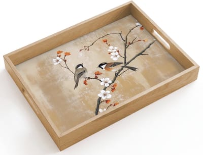 Dienblad hout 40x30 cm - Schootdienblad - Vogels - Bloesemtak - Bloemen - Oranje - Borrelplank rechthoek - Plateau dienbladen