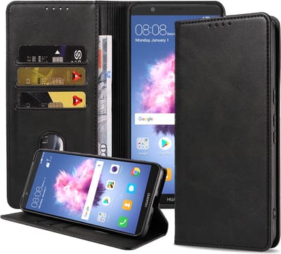 Smartphonica Telefoonhoesje geschikt voor Huawei P Smart (2018) kunstleren Hoesje met Magnetische sluiting en Pasjeshouders Book Case met Klepje - Zwart geschikt voor Huawei P Smart (2018)