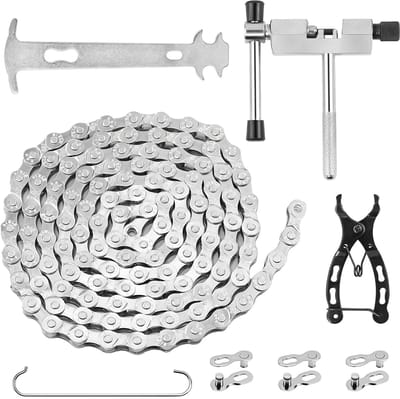 SnelShoppen - Fietsketting 6/7/8-voudig, 116 schakels, gereedschapset met kettingbreker, kettingtester, fietskettingtang en 3 paar kettingsloten voor