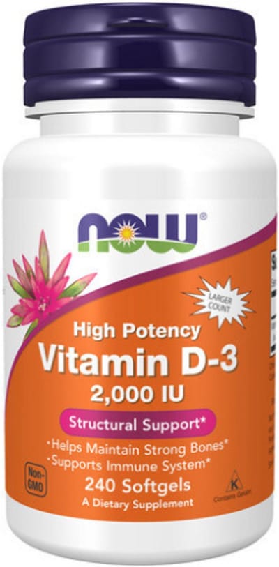 Vitamine D-3 - 2000 IU / 50 mcg - hoog gedoseerd - zonder gentechnologie - glutenvrij - sojafvrij - 240 softgels - NOW Foods