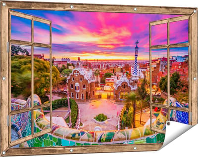 Gards Tuinposter Doorkijk Park Güell Uitzicht op Barcelona - 120x80 cm - Tuindoek - Tuindecoratie - Wanddecoratie buiten - Tuinschilderij