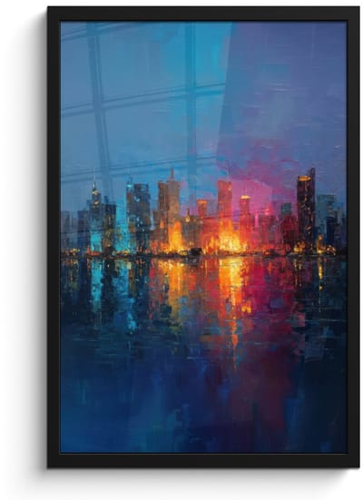 Poster in lijst - Fotolijst 40x60 cm - Posters - Skyline - Penseelstreken - Donkerblauw - Lichtgevend - Posterlijst zwart - Decoratie - Wanddecoratie woonkamer - Muurdecoratie slaapkamer