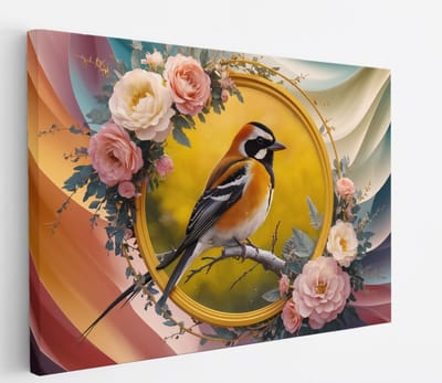 Saammp Canvas Schilderij - Vogel met Bloemen - Abstract - 45x30 - Foto op canvas - Wanddecoratie - Muurdecoratie Woonkamer - Kantoor Decoratie