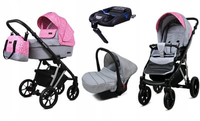 BabyLux® Kinderwagen 4in1 – MARLUX MAGNETIC - SMALL ROSES OF PINK SILVER FRAME - Opklapbare Wandelwagen incl. Reiswieg, Multifunctionele Buggy Sportstoel, Autostoel, ISOFIX basisstation - Combi-kinderwagen met Luiertas, Regenhoes, Klamboe