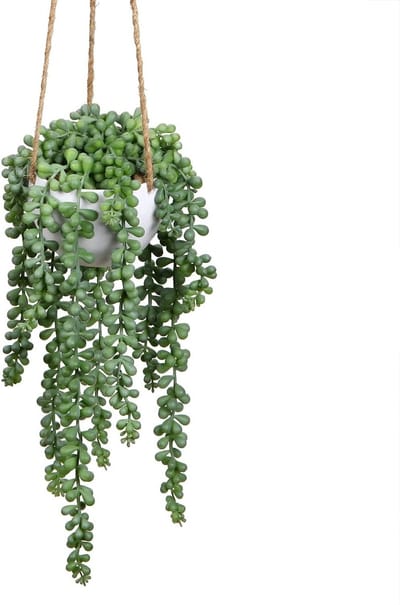 Kunstmatige Hangplant met Parelsnoer van 35 cm in Witte Pot - Faux Succulent voor Wanddecoratie en Bohemian Interieur in Badkamer en Kantoor