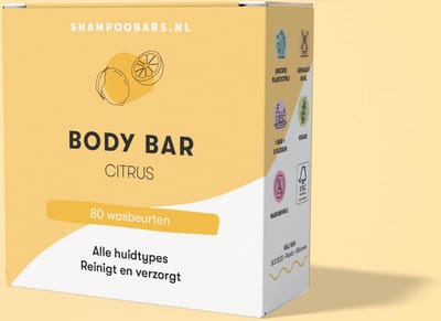 Body Bar Citrus | Handgemaakt in Nederland | 80 wasbeurten | Plasticvrij | Dierproefvrij | Vegan | 100% biologisch afbreekbare verpakking