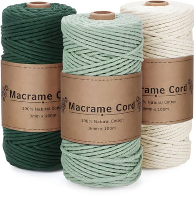 Somstyle Macramé Touw Set - 3 Stuks - Knutsel Koord - Ø3 MM x 100 M - Garen Katoen - Donkergroen, Lichtgroen & Beige