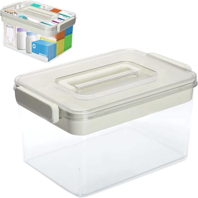 Medicijnopbergbox 2 niveaus - Kunststof medicijndoos - Handgrepen en veiligheidsgesp - Opbergbox voor medicijnen en cosmetica - 27,5 x 19,5 x 17,3 cm.