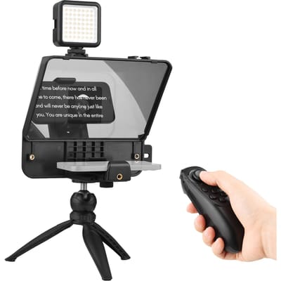 Andoer A10 draagbare smartphone DSLR-camera Teleprompter Prompter Kit met telefoonhouder LED-vulling zwart
