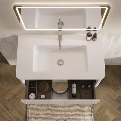 HAUSS SPOLE Badkamerkast - Wandhangend Badmeubel Met Wastafel En Greeploze Lade - Voor Moderne Badkamer - Wit - 80 x 46,5 x 37 cm