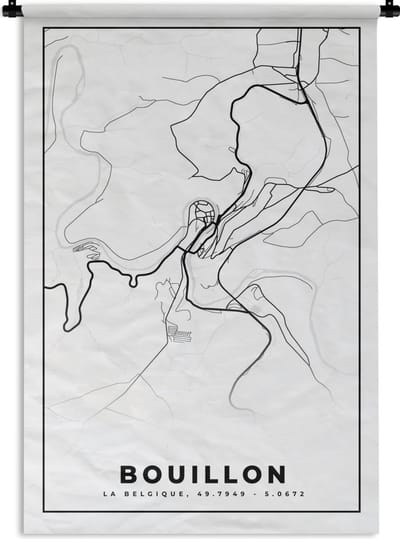 Wandkleed - Wanddoek - België – Bouillon – Stadskaart – Kaart – Zwart Wit – Plattegrond - 120x180 cm - Wandtapijt