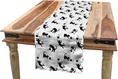 ABAKUHAUS Cat Table Runner, Track by Yarn Balls, Eetkamer Keuken Rechthoekige decoratieve Tafelloper, 40 x 180 cm, Wit Zwart