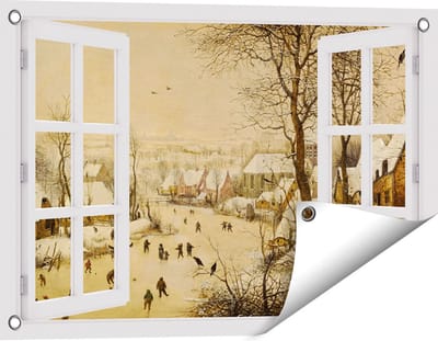 Gards Tuinposter Doorkijk Winterlandschap met Schaatsers en Vogelknip - Pieter Bruegel de Oude - 60x40 cm - Tuindoek - Tuindecoratie - Wanddecoratie buiten - Tuinschilderij
