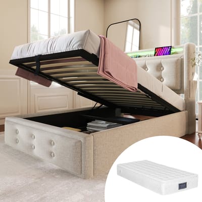Gestoffeerd bed 90x200, eenpersoonsbed met LED-hoofdbord en USB-C-oplaadfunctie, hydraulisch bed met houten lattenbodem en metalen frame, draagvermogen 150 kg, beige, katoen (inclusief matras)