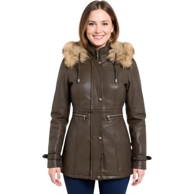 Dames bruine leren parka met capuchon - Charleville