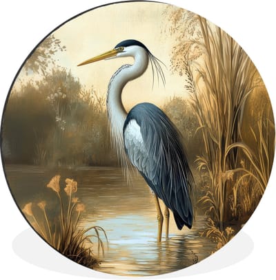 WallCircle - Wandcirkel - Muurcirkel - Reiger - Water - Planten - Aluminium - Dibond - 30x30 cm - Binnen en Buiten