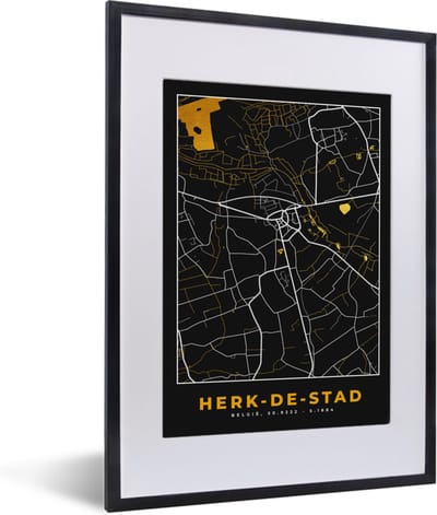Fotolijst incl. Poster - Herk-de-Stad - Plattegrond - Kaart - Goud - Stadskaart - 30x40 cm - Posterlijst