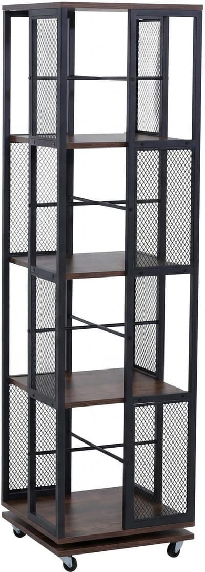 Boekenrek MCW-P13, staand rek, draaibaar rek, zwenkwielen, metaal, industrieel melamine MVG 147x40x40cm ~ donkerbruin