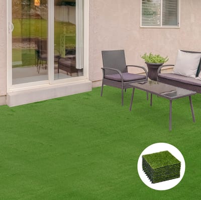 MEUNIQ kunstgras tegels 10 stuks 30 x 30 cm 25 mm klikbaar rasenteppich voor balkon, tuin en terras met drainage, antislip onderzijde en donkergroene uitstraling