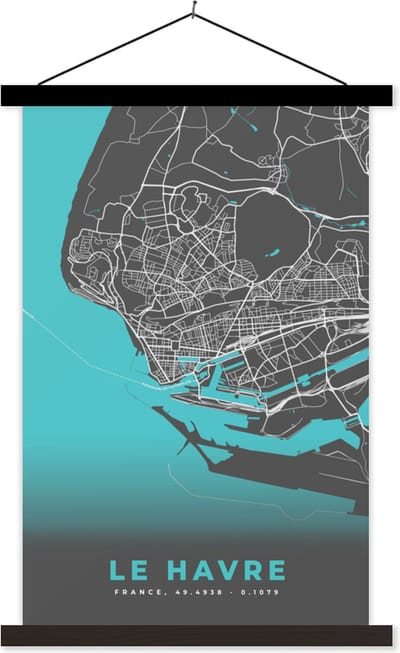 Posterhanger incl. Poster 40x60 cm - Schoolplaat - Le Havre - Plattegrond - Stadskaart - Kaart - Frankrijk - Textielposter - Zwarte latten - Stadskaart