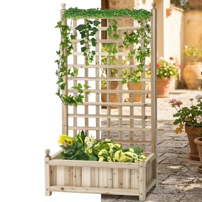 Plantenbak met klimrek - Weerbestendig - Bloembak - Met trellis - Buiten - Hout - Plantenrek - Rechthoekig - 18 Liter - Natuurlijk