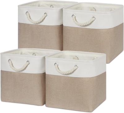 Famanu – Kubus opbergbakken 11 x 11 stoffen opbergmanden 4 stuks opbergkubussen manden voor cadeau leeg - kubus organizer bakken stoffen manden voor opslag (wit en kaki)