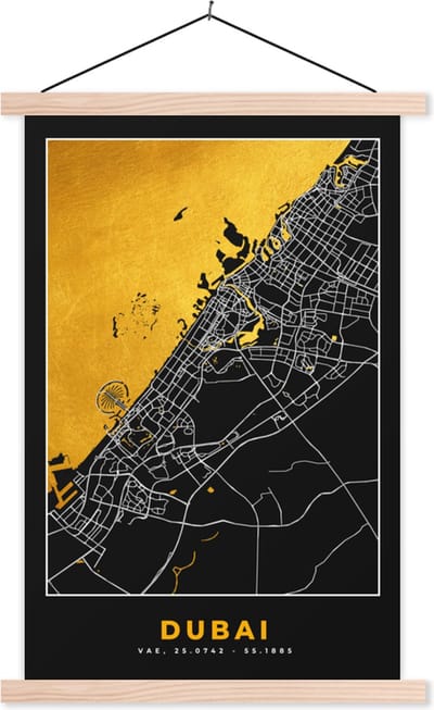 Posterhanger incl. Poster 40x60 cm - Schoolplaat - Goud - Stadskaart - Plattegrond - Dubai - Kaart - Textielposter - Blanke latten - Stadskaart