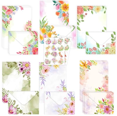 Dailygoods - 72 Stuks Briefpapier Met Enveloppen Set, 24 Vellen Aquarel Papier met 24 Enveloppen en 24 Gekleurde Stickers, Bloemen Design, Brieven voor Kantoor, Thuis en School