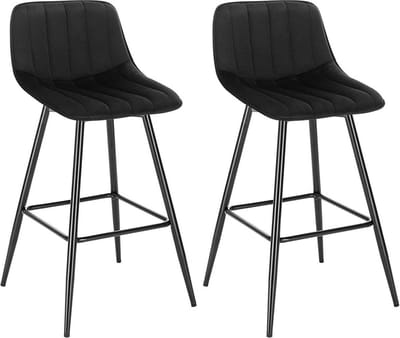 Barkruk Merlito - Industrial - Zwart - Barkrukken set van 2 - Barstoel Kruk - Barstoelen met rugleuning - Keukenstoel - Velvet