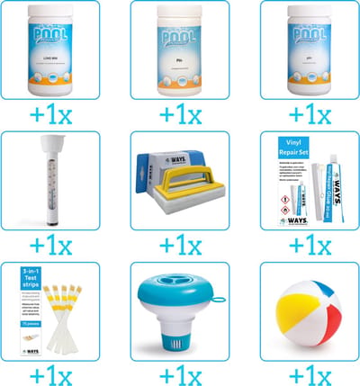 Zwembad Onderhoudspakket - Onderhoud Zwembad - bevat Chloor - PH-min - PH-plus - Thermometer - Scrubborstel - Reparatiesetje - Testrips - Chloordrijver en Strandbal (9-delig)