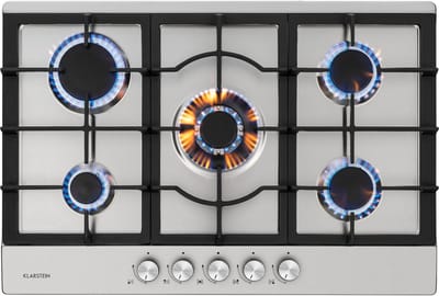 Klarstein Gaskookplaat Ignito 5-Zone - Sabaf-Branders - Onderhoudsvriendelijk - Efficiënt Koken - Gelijke Hittedistributie - elektrische Ontsteking - Elegant design - Intuïtieve Draaiknoppen - glaskeramisch Oppervlak - praktisch - Zilver