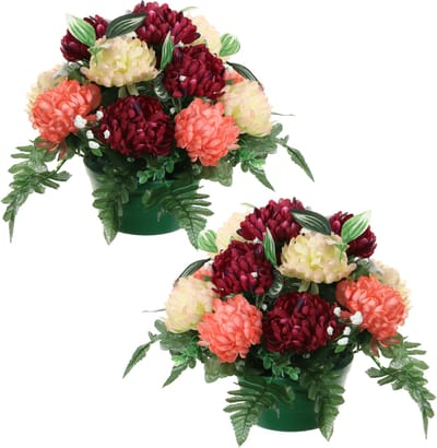 Louis Maes Kunstbloemen in pot - 2x - zalm/rood/creme - D30 x H24 cm - Bloemstuk ornament - crysanten met bladgroen